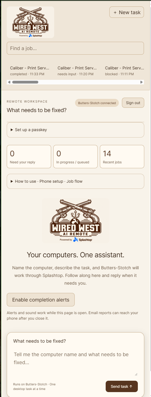 Actual AI Remote mobile workspace showing job search, status counts, passkey setup, completion alerts, and the conversational task starter