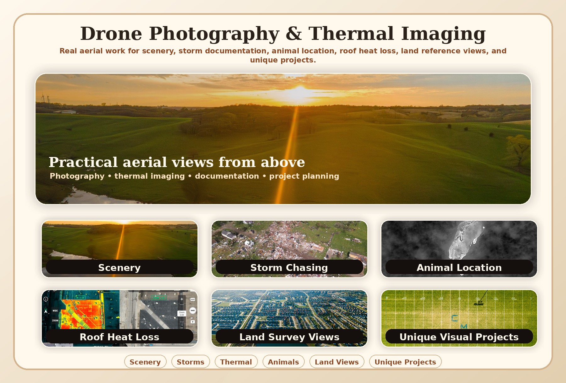 Photorealistic drone photography collage showing scenery, storm chasing, animal location, roof heat loss, land survey views, and unique visual projects
