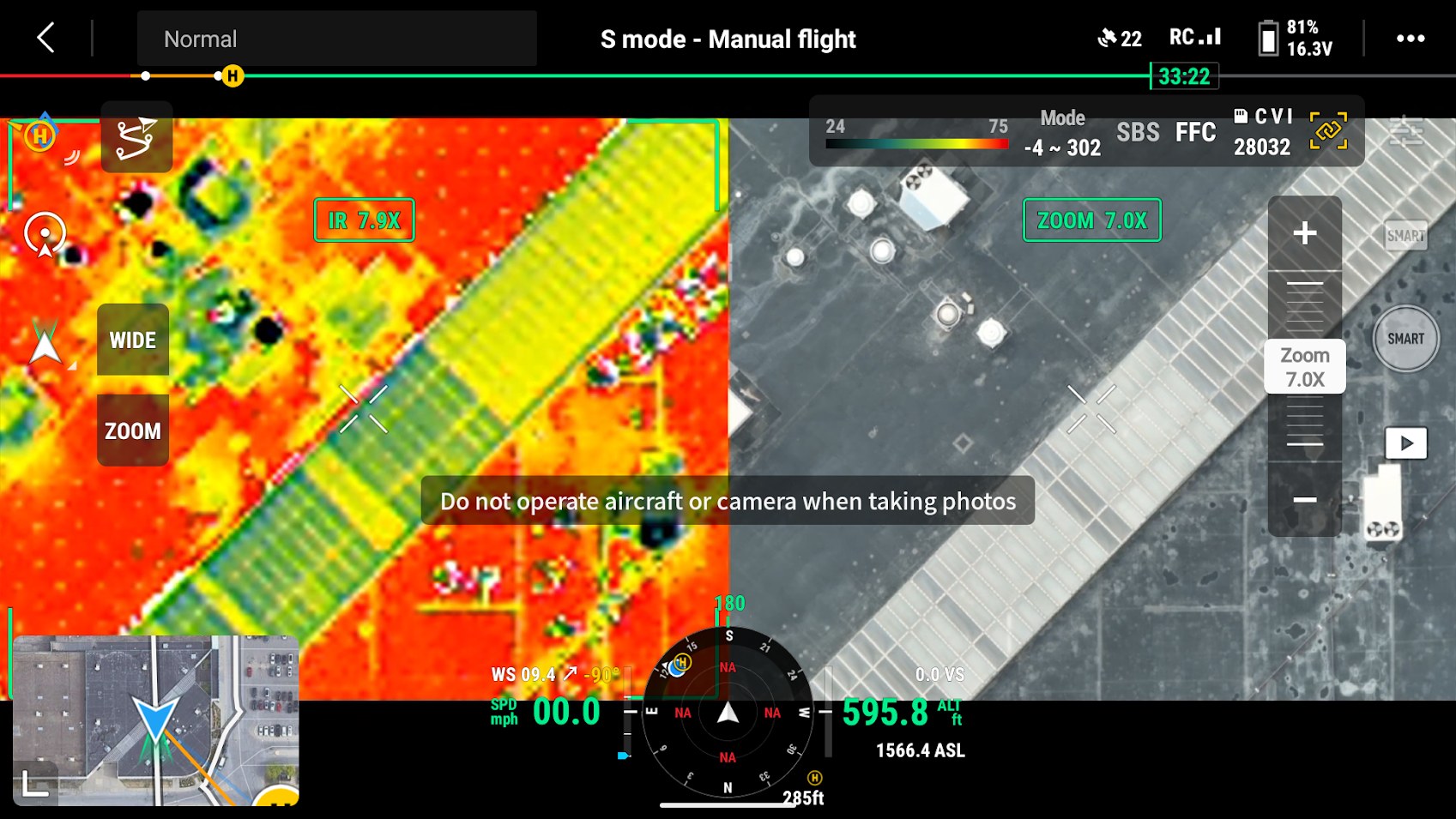 Close drone thermal roof imaging screenshot showing focused roof temperature differences