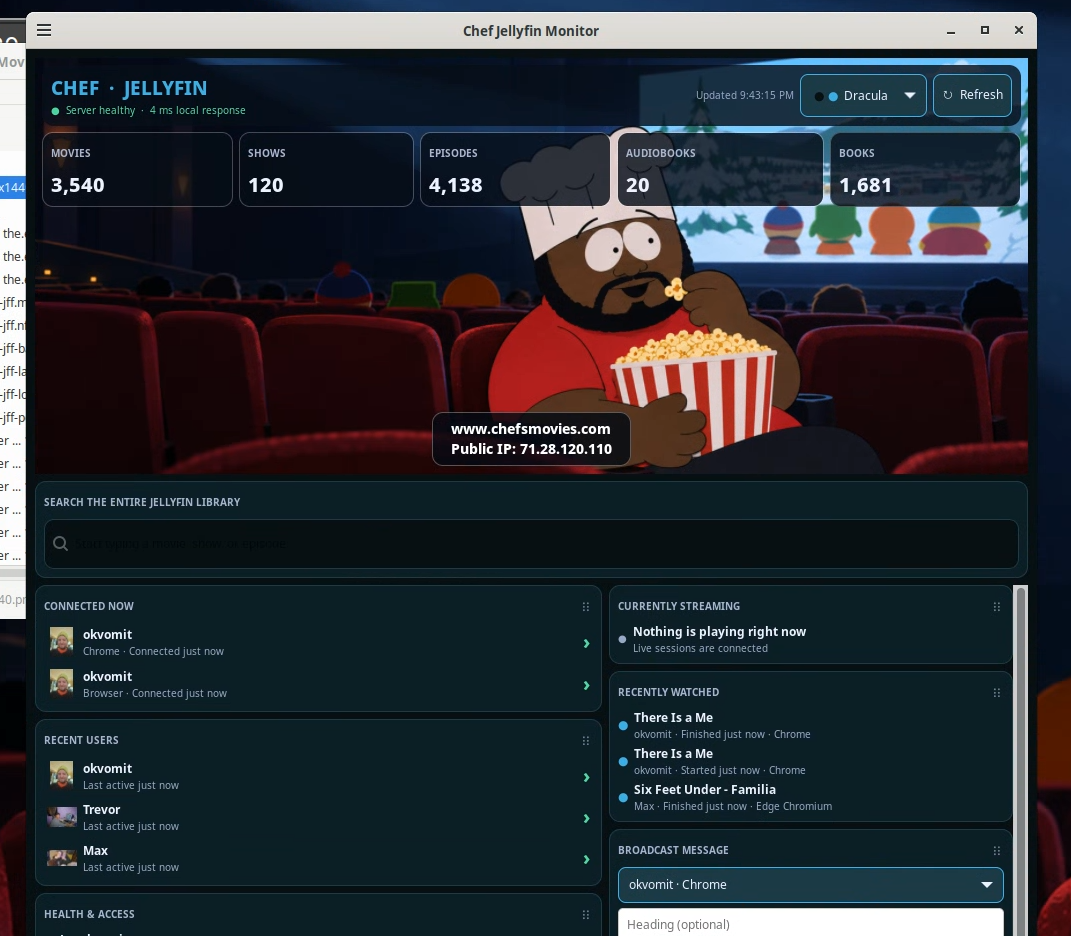 Chef Jellyfin Monitor dashboard showing library totals, connected users, recent viewing, and streaming status
