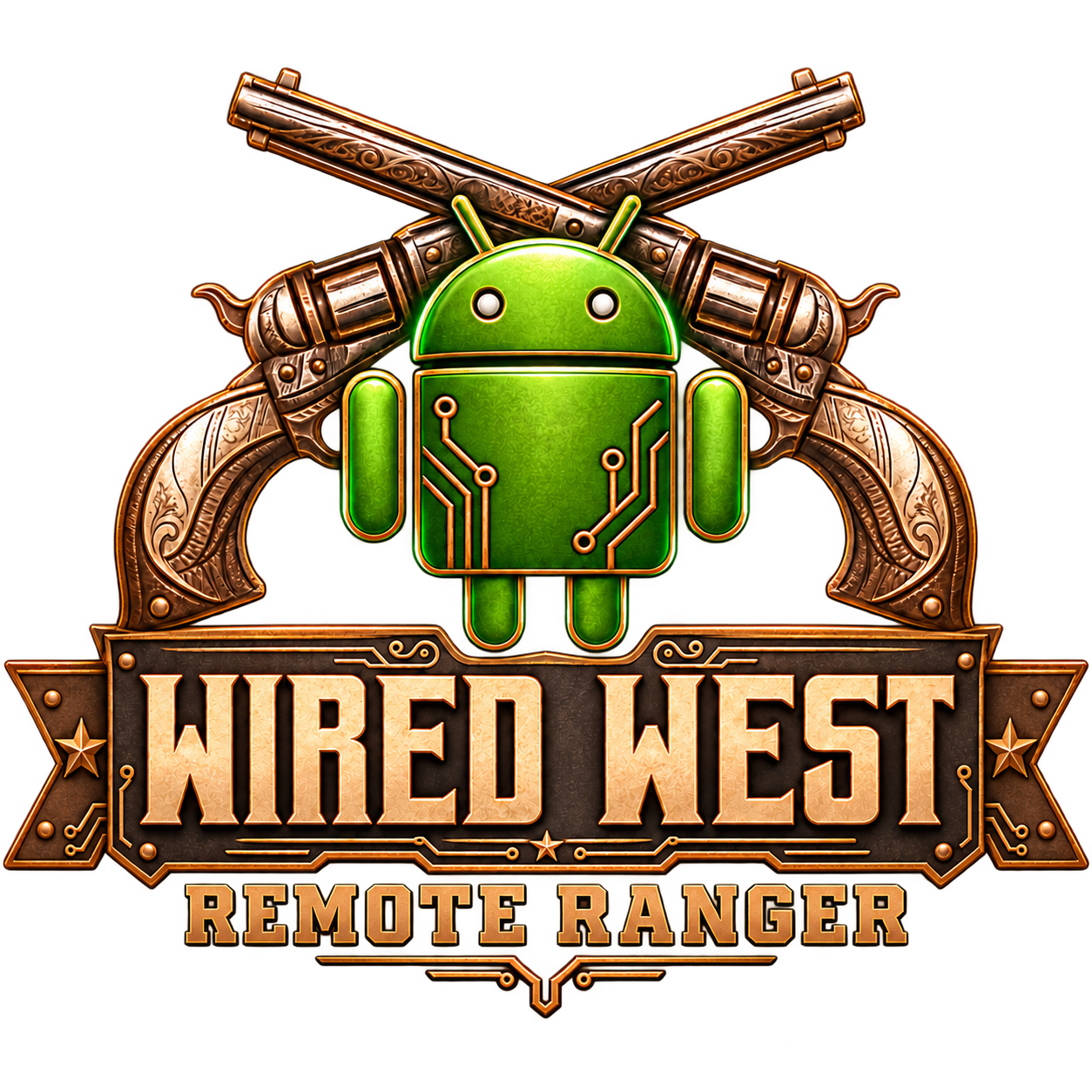 Wired West Remote Ranger logo with a green Android robot centered between engraved copper revolvers